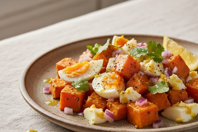 Salada de batata-doce com ovos e mostarda