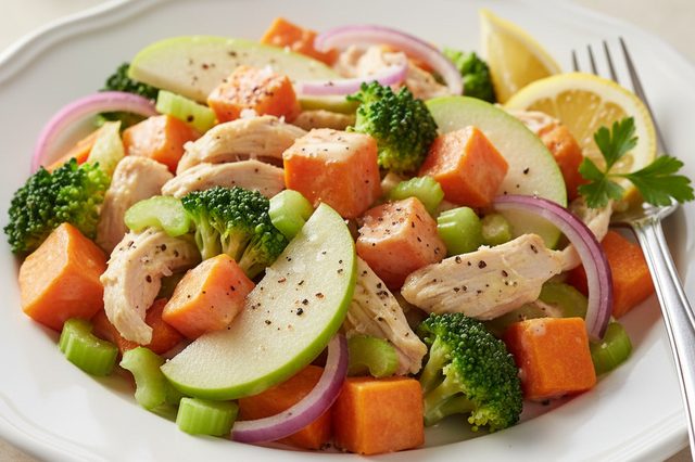 Salada de batata-doce frango e brócolis