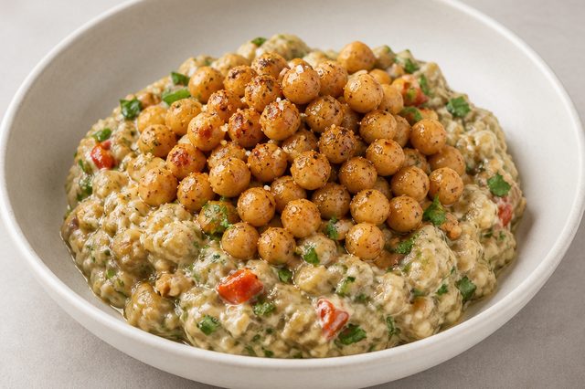 Salada de berinjela assada com grão-de-bico e tahine