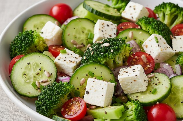 Salada de brócolis com pepino e feta