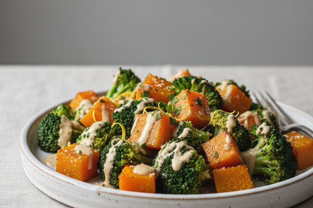 Salada de brócolis e abóbora com tahine