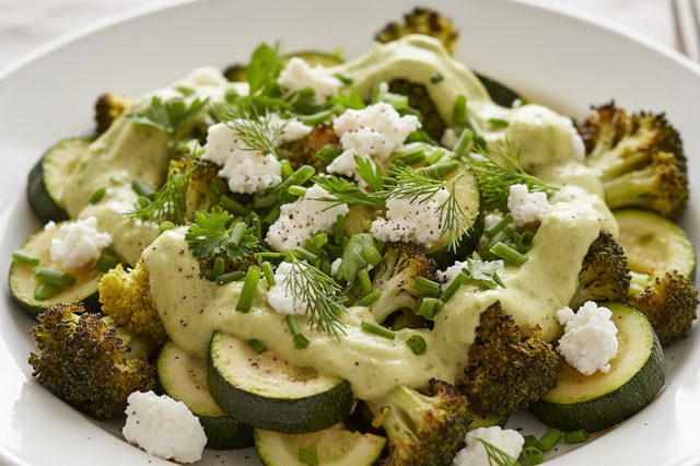 Salada de brócolis e abobrinha com molho de avocado