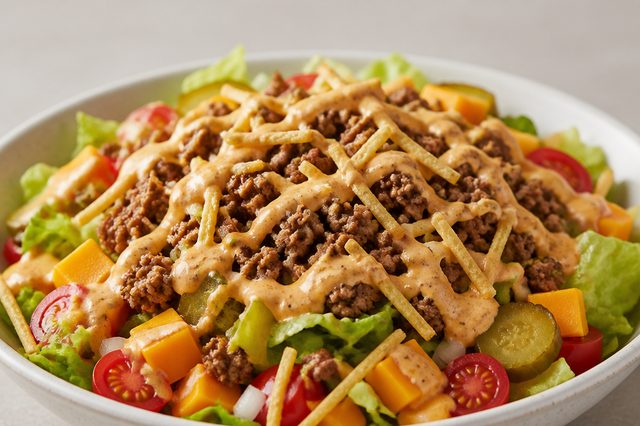 Salada de carne moída com cheddar e molho de picles