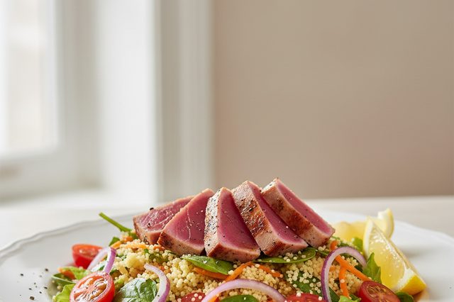 Salada de cuscuz com atum selado