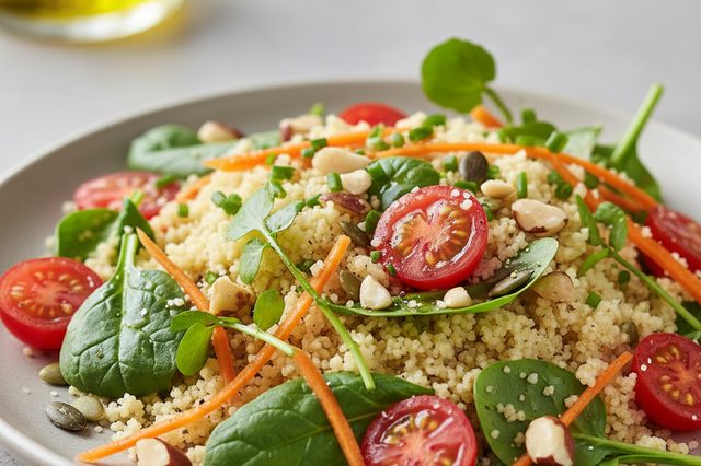 Salada de cuscuz com folhas e molho de mel