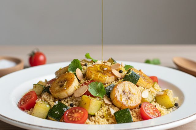 Salada de cuscuz marroquino com banana e abobrinha