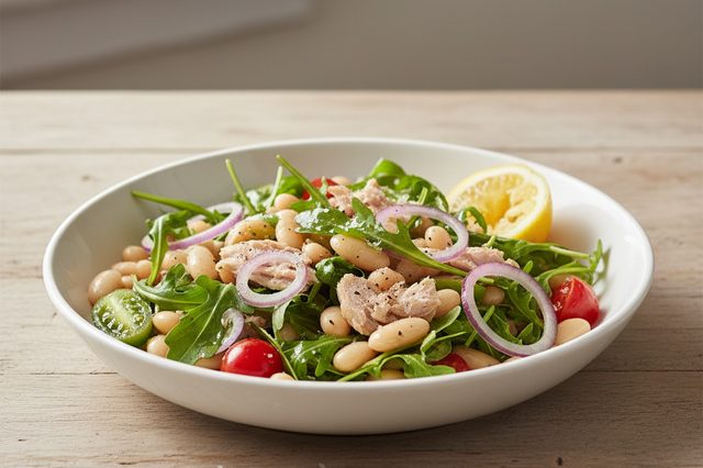 Salada de feijão branco com atum e rúcula