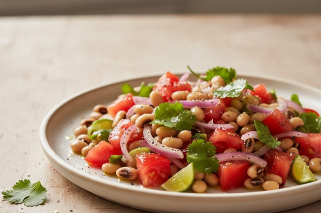 Salada de feijão-fradinho com tomate e coentro