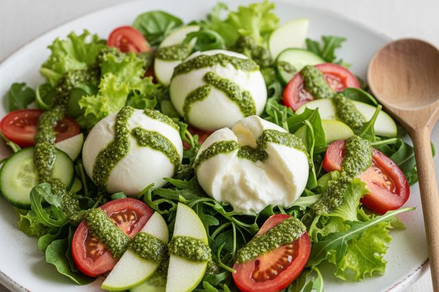 Salada de folhas com burrata e pesto
