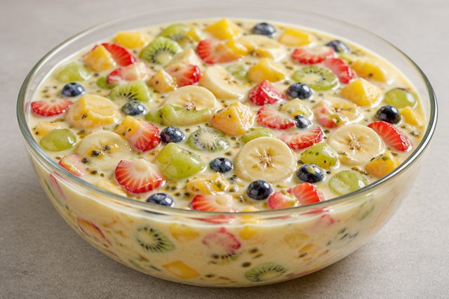 Salada de frutas com creme de maracujá e leite condensado