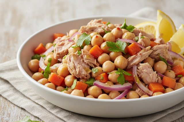 Salada de grão-de-bico com atum e cenoura