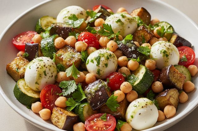 Salada de grão-de-bico com legumes e muçarela