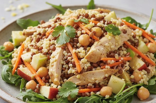 Salada de grãos com frango maçã e curry