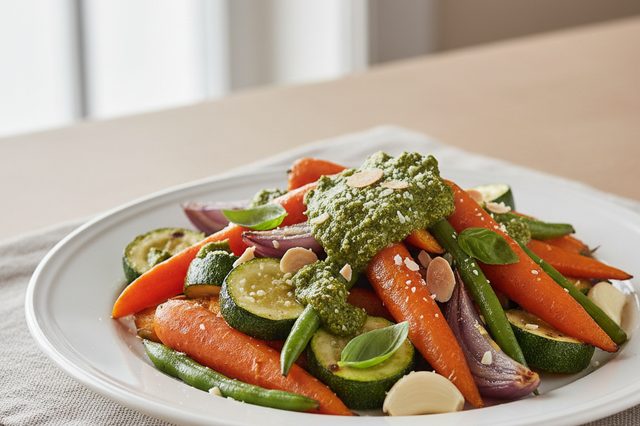 Salada de legumes assados com pesto de manjericão