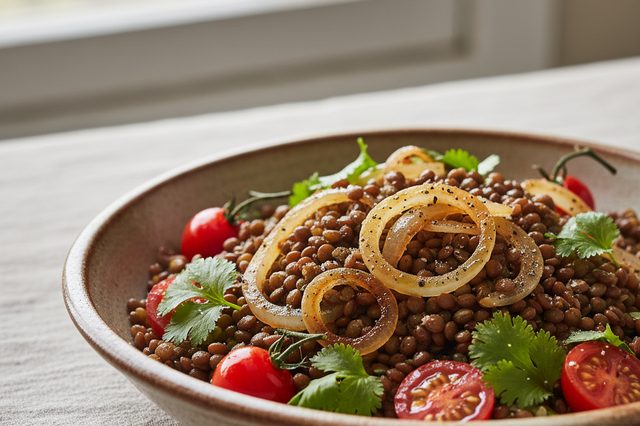 Salada de lentilha com cebola caramelizada