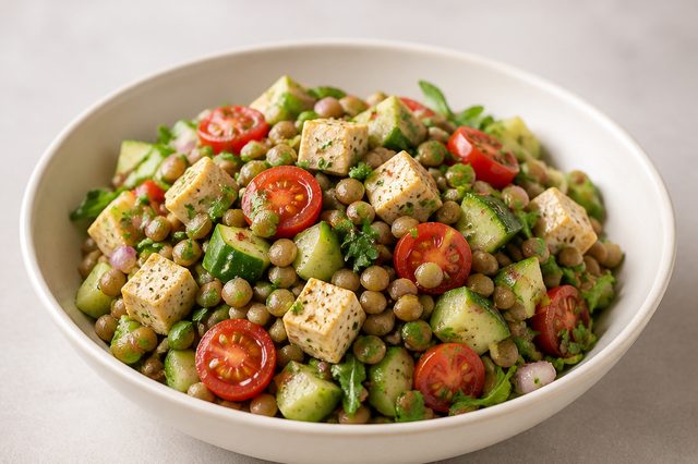 Salada de lentilhas verdes com tofu