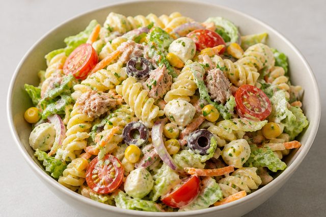 Salada de macarrão com atum e molho de maionese e limão