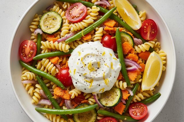 Salada de macarrão com legumes e molho de iogurte