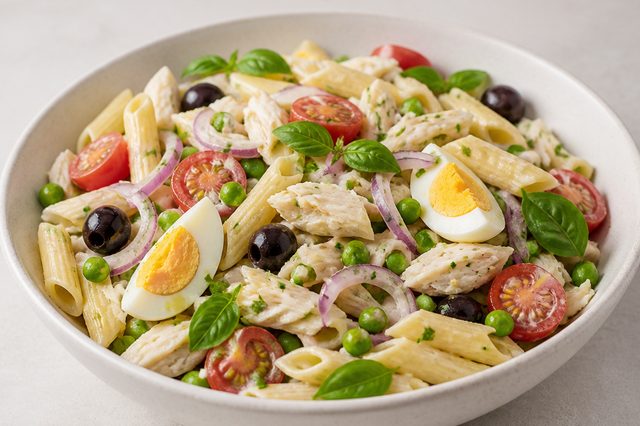 Salada de massa com bacalhau, ervilhas e molho de limão