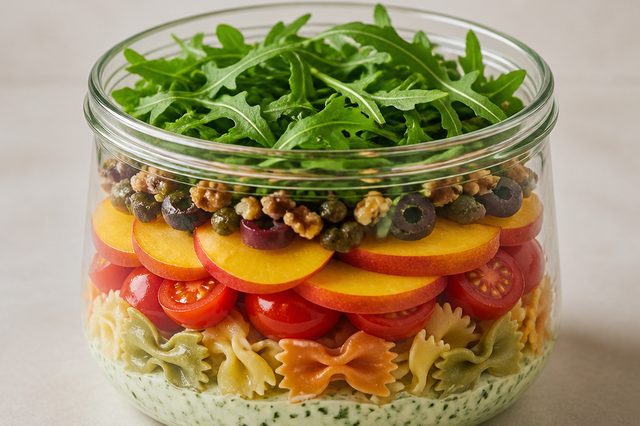 Salada de massa tricolor com pêssego e molho de manjericão