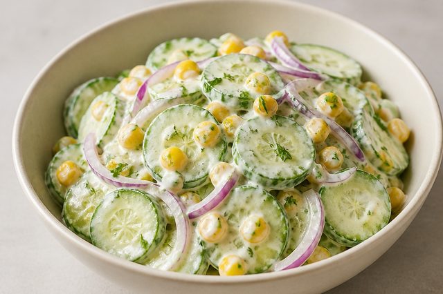 Salada de pepino com milho e molho cremoso de iogurte