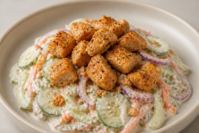 Salada de pepino e frango com molho de iogurte