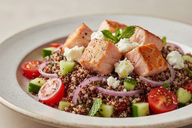 Salada de quinoa com salmão e feta