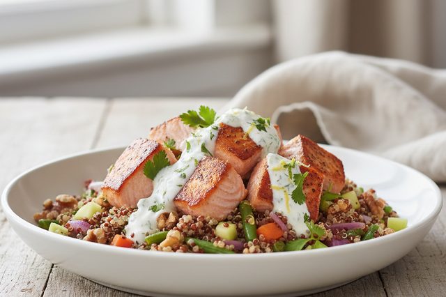 Salada de quinoa com salmão e molho de iogurte