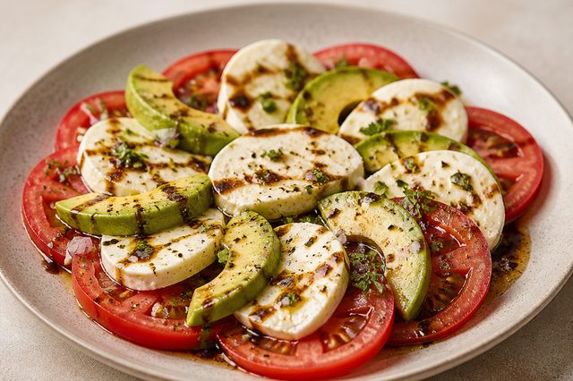 Salada de tomate, muçarela e abacate com molho balsâmico