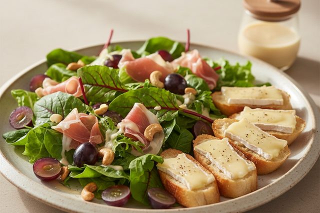 Salada de uva com Parma e torradas de brie