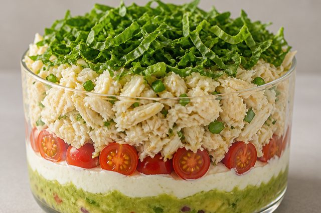Salada em camadas de bacalhau e guacamole