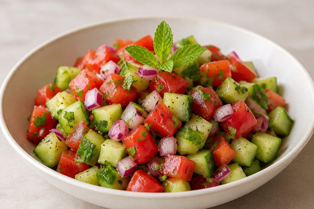 Salada Shirazi de pepino, tomate e hortelã