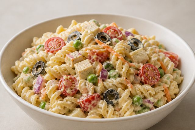 Salada vegana de macarrão com maionese de castanha