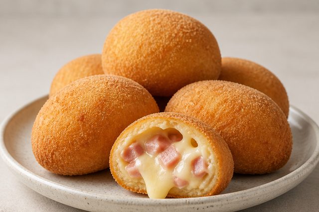 Salgado bomba de presunto e queijo com massa fermentada