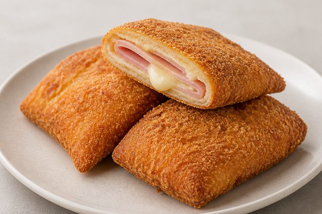 Salgados fritos de massa cozida com presunto e queijo