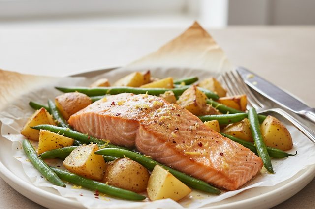 Salmão assado com batata vagem e manteiga de alho