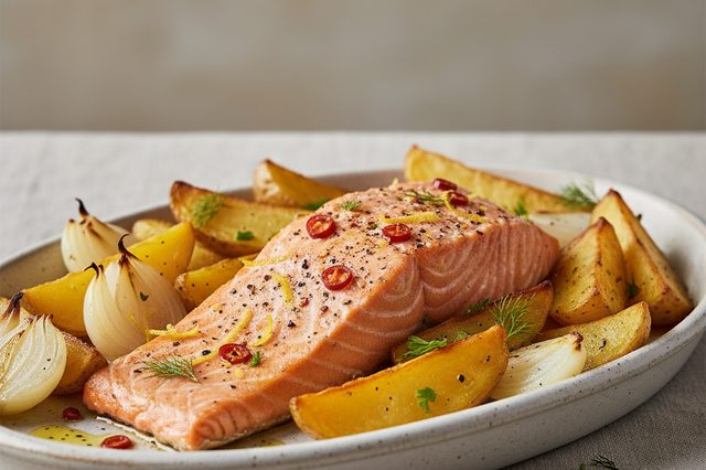 Salmão assado com batatas e cebolas