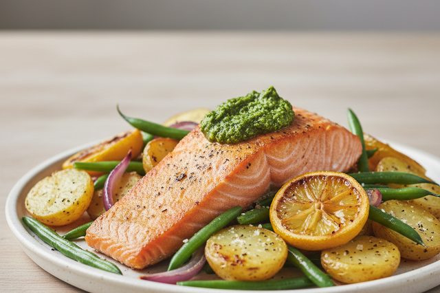 Salmão assado com batatas vagem e pesto