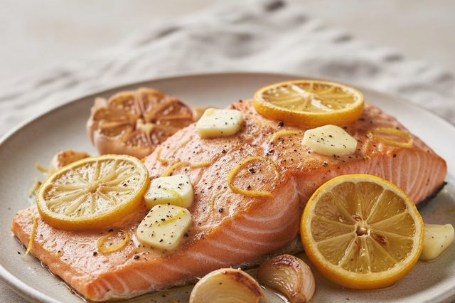 Salmão assado com manteiga alho e limão
