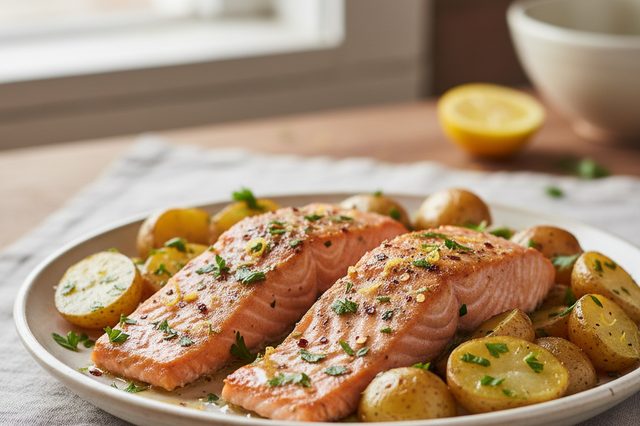 Salmão assado com manteiga de alho e batatas