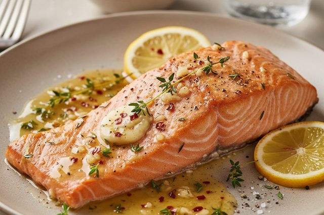 Salmão assado com manteiga de alho e tomilho