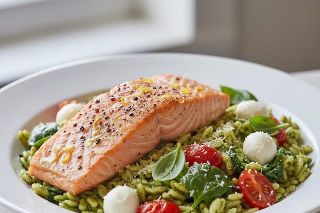 Salmão assado com risoni ao pesto