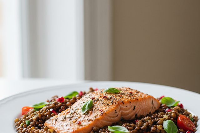 Salmão assado com salada de lentilha e romã