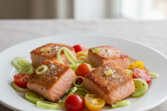 Salmão com alho-poró e tomates-cereja