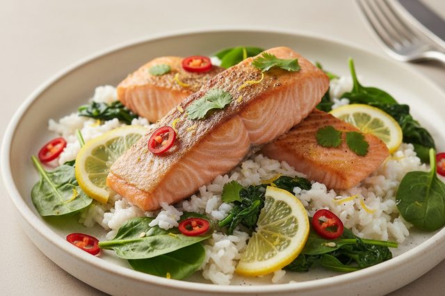 Salmão com arroz de leite de coco e espinafre