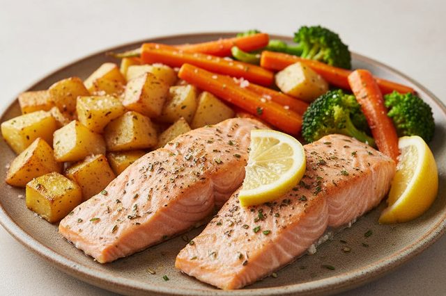 Salmão com batatas e legumes na air fryer