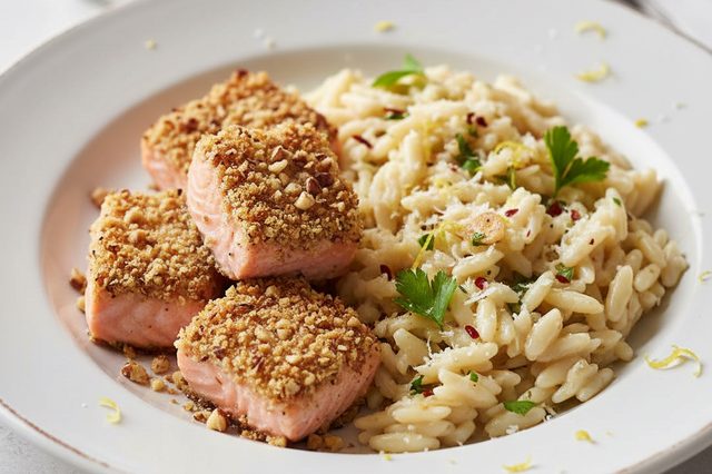 Salmão com crosta de nozes e risoni ao limão