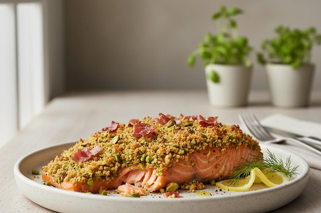 Salmão com crosta de parma e pistache