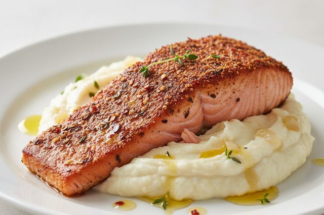Salmão com especiarias e purê de couve-flor