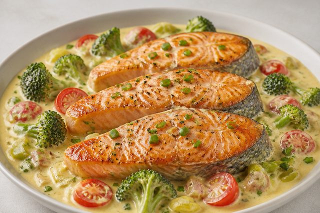 Salmão com molho cremoso de alho-poró e brócolis